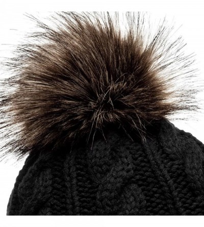 Skullies & Beanies Womens Winter Knitted Beanie Fleece Inner Lining Large Fur Bobble - MU104 - Black - CG11OF18Q8F $24.33