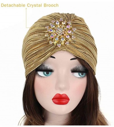 Skullies & Beanies Women's Ruffle Turban Hat Glitter Pleated Stretch Head Wraps Chemo Cap with Detachable Crystal Brooch - Gr...