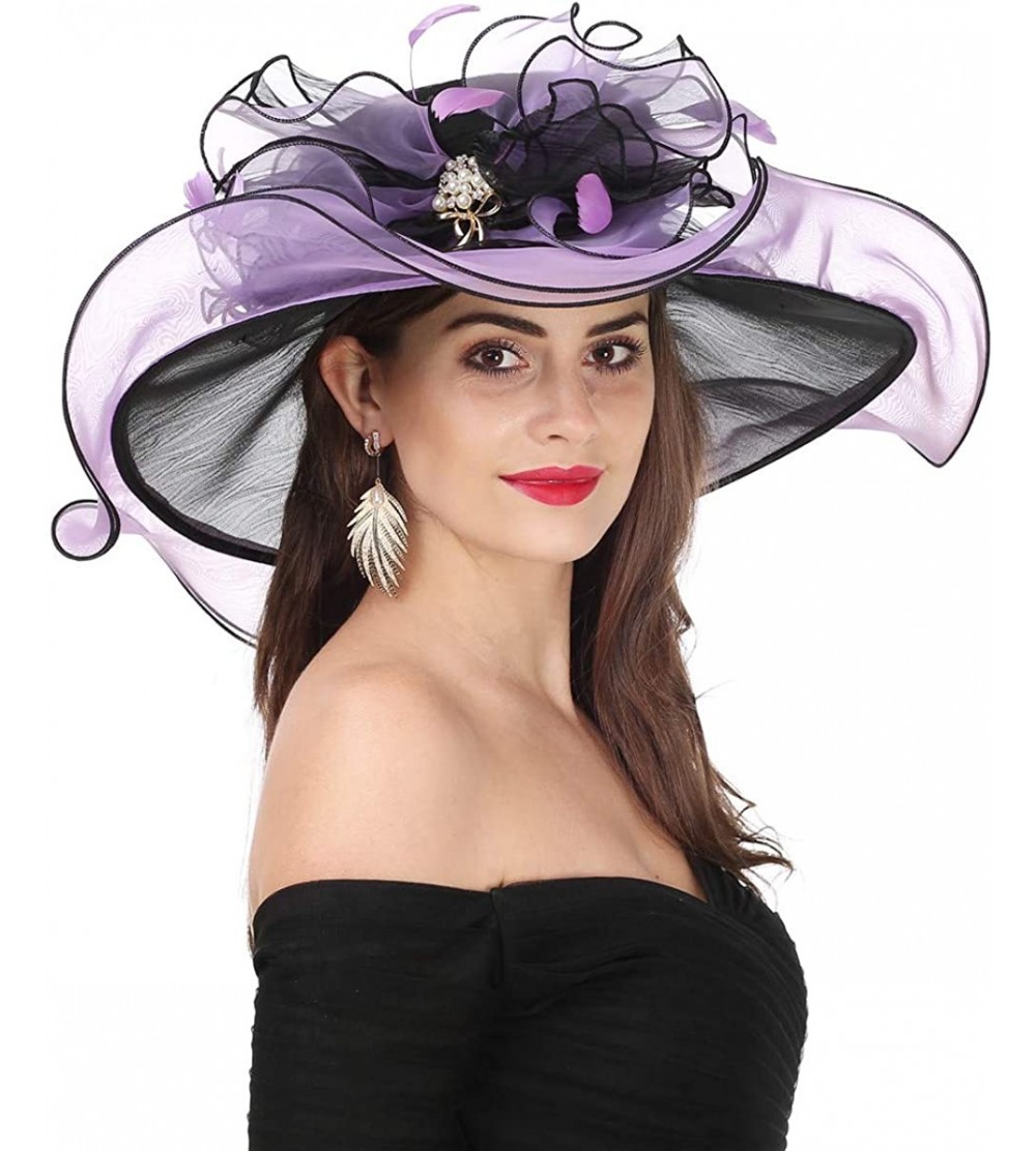 Sun Hats Women Kentucky Derby Church Cap Wide Brim Summer Sun Hat for Party Wedding - Black/Violet - CZ18E6524YQ $26.13