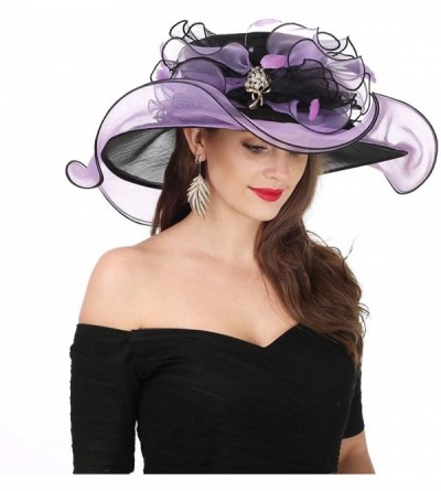 Sun Hats Women Kentucky Derby Church Cap Wide Brim Summer Sun Hat for Party Wedding - Black/Violet - CZ18E6524YQ $26.13