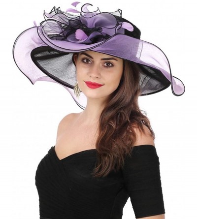 Sun Hats Women Kentucky Derby Church Cap Wide Brim Summer Sun Hat for Party Wedding - Black/Violet - CZ18E6524YQ $26.13