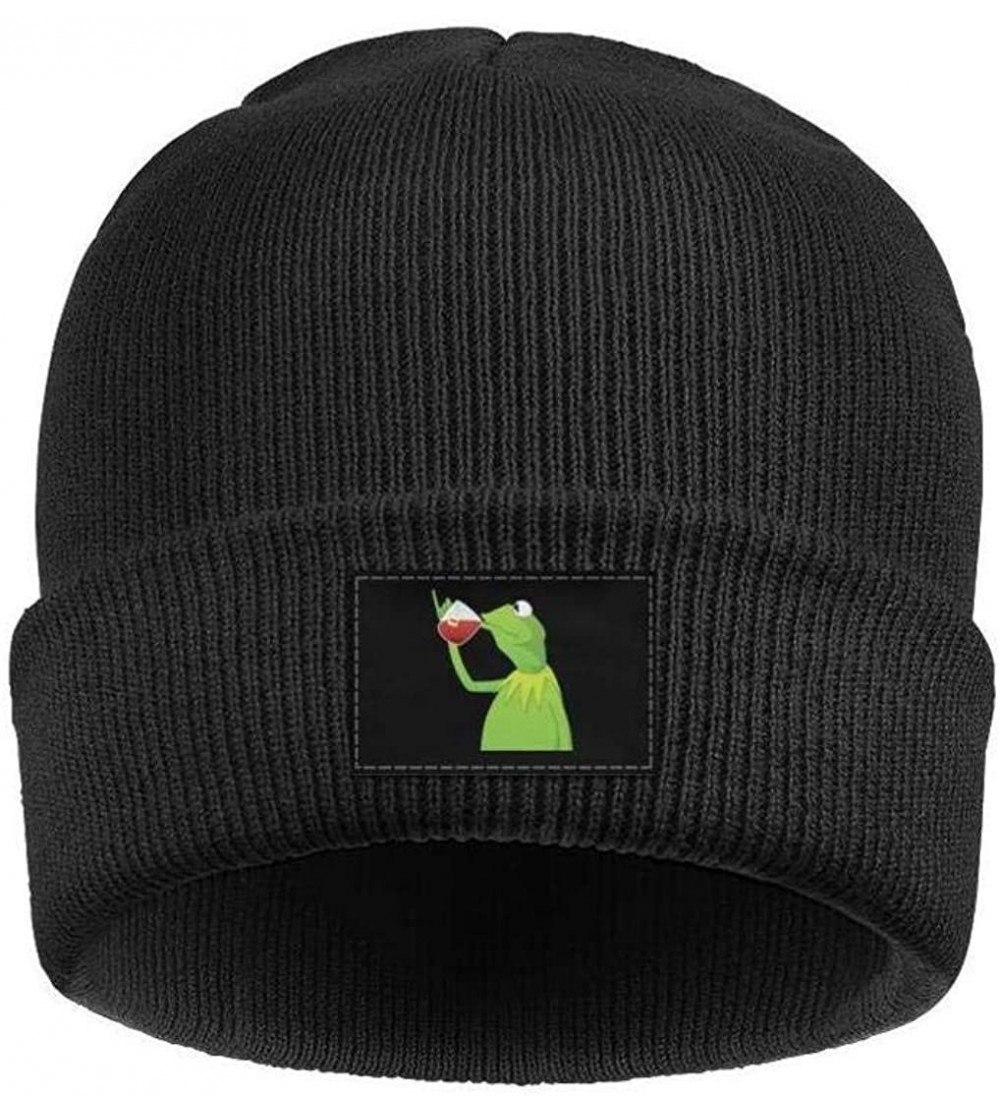 Skullies & Beanies Mens Womens Warm Solid Color Daily Knit Cap Funny-Green-Frog-Sipping-Tea Headwear - Black - CG18NE0ECIZ $1...