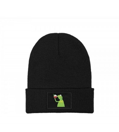 Skullies & Beanies Mens Womens Warm Solid Color Daily Knit Cap Funny-Green-Frog-Sipping-Tea Headwear - Black - CG18NE0ECIZ $1...