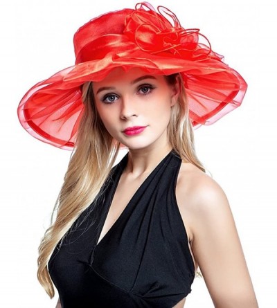 Sun Hats Ladies Organza Summer Sun Hat Party Beach Church Horse Race Cocktail Wedding Hat - Red - C517YX50H8U $22.47