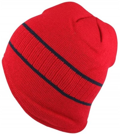 Skullies & Beanies Double Striped Acrylic Knit Warm Winter Beanie Cap - Red Navy - CB18630AZM3 $15.21