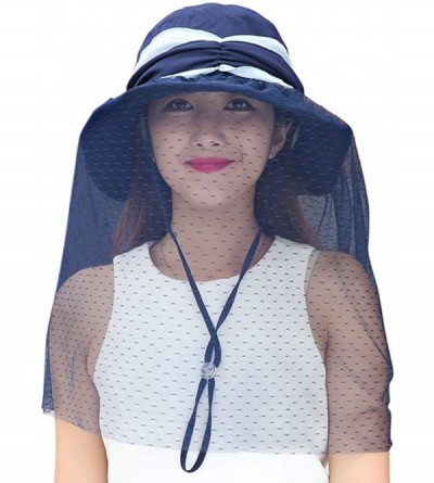 Sun Hats Womens Summer Veil Wide Brim Hats Chiffon Foldable Bucket Hat UPF 50+ - Navy Blue - CN12I2P9ZYN $15.84