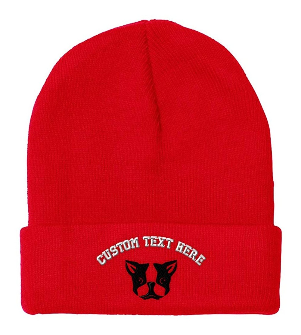 Skullies & Beanies Custom Beanie for Men & Women Boston Terrier Silly Face Embroidery Skull Cap Hat - Red - C518ZRAUM42 $16.79