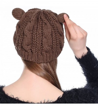 Skullies & Beanies Women Winter Thick Cable Knit Beanie Hat Cat Ear Crochet Braided Knit Caps - Brown - CT187ECUS3A $7.01