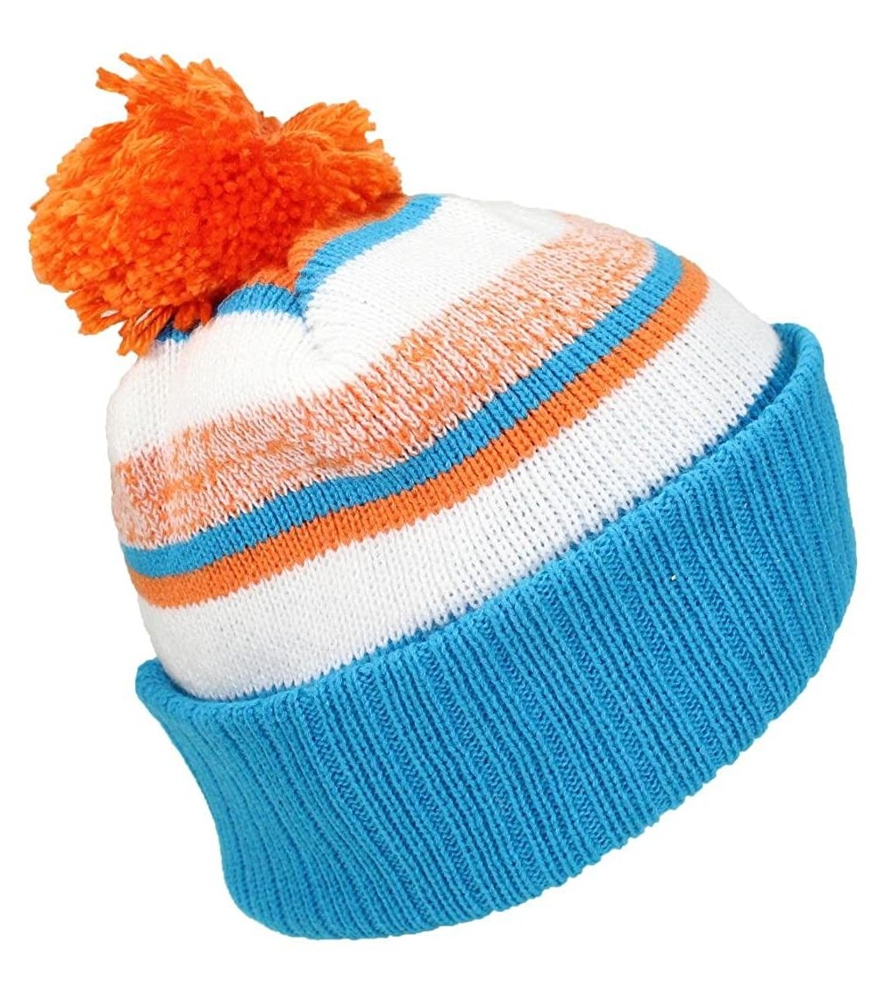 Skullies & Beanies Quality Striped Variegated Cuffed Beanie W/Pom (L/XL) - Aqua/Orange/White - CR186RN0KRI $10.49