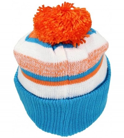 Skullies & Beanies Quality Striped Variegated Cuffed Beanie W/Pom (L/XL) - Aqua/Orange/White - CR186RN0KRI $10.49