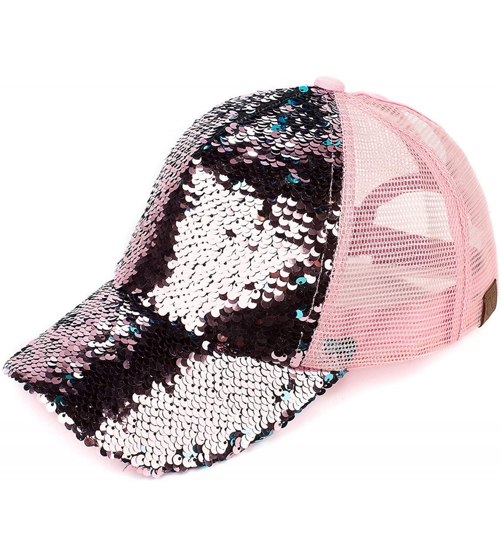 Baseball Caps Hats Magic Sequin-Covered Pony Tail Trucker Cap (BT-723) - Rose/Teal - CG18CGEH2TM $18.01