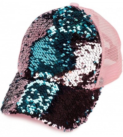 Baseball Caps Hats Magic Sequin-Covered Pony Tail Trucker Cap (BT-723) - Rose/Teal - CG18CGEH2TM $18.01