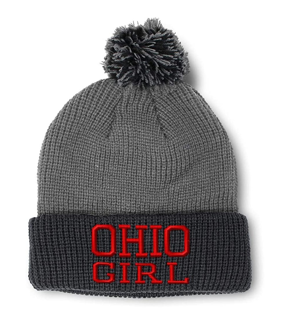 Skullies & Beanies Custom Pom Pom Beanie Ohio Girl State USA America Embroidery Acrylic - Grey Black - CL18A0DSRTG $10.96