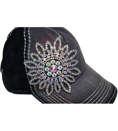 Baseball Caps Large Rhinestone Flower Bling Two-Tone Baseball Cap - Charcoal Black/Iridescent - CH12O8AC246 $55.75