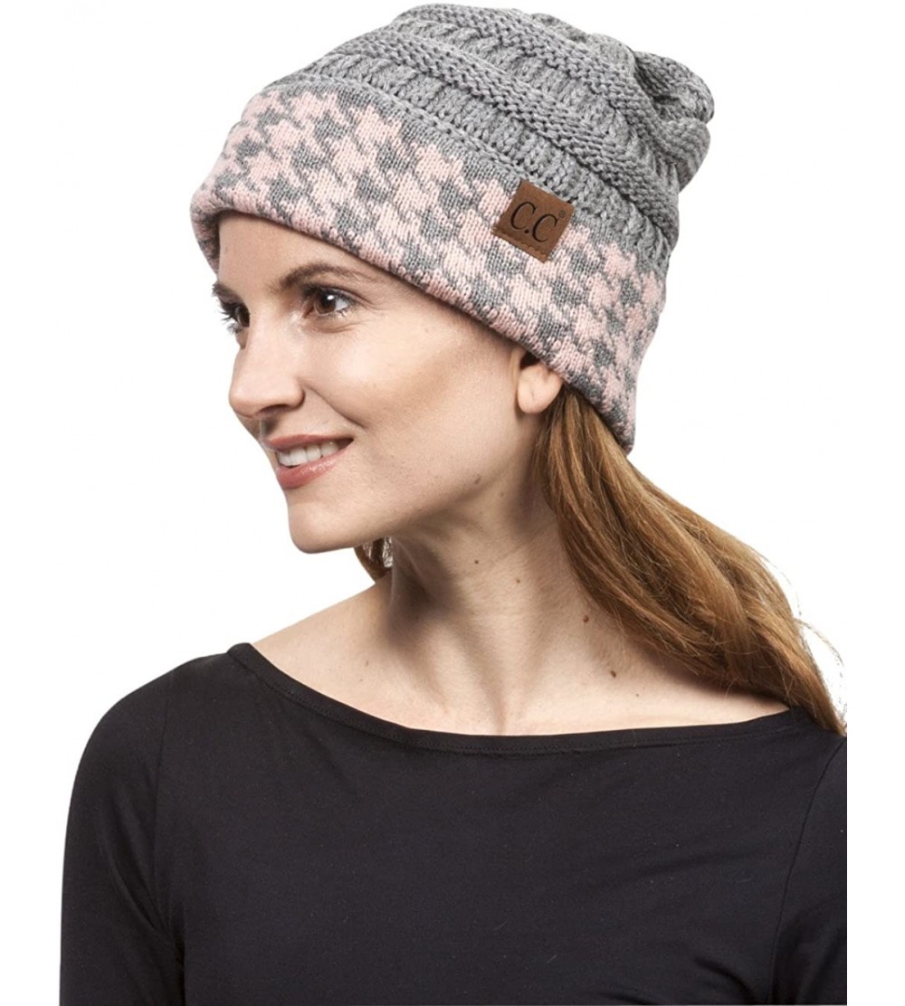 Skullies & Beanies Houndstooth Cuff Knit Beanie - Grey/Pink - CU1875UN508 $9.74