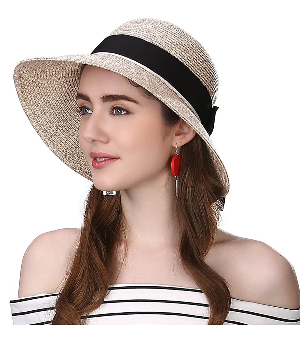 Bucket Hats Packable UPF Straw Sunhat Women Summer Beach Wide Brim Fedora Travel Hat 54-59CM - 89015_coffee - CR17XWL5WUS $23.41