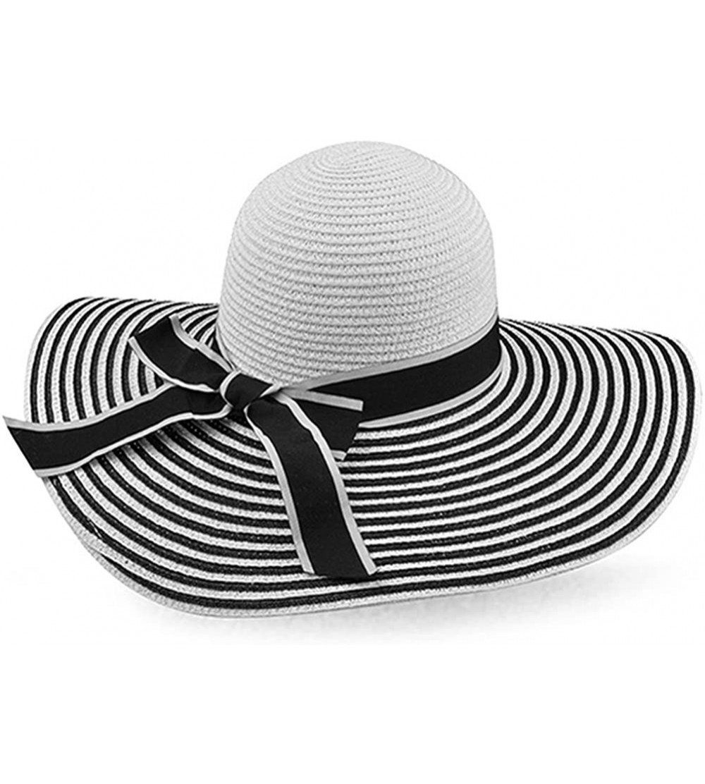 Sun Hats Black White Striped Bow Wide Brim Floppy Straw Hat FFH194BLK - Black and White - CN11NTRNKZP $17.60