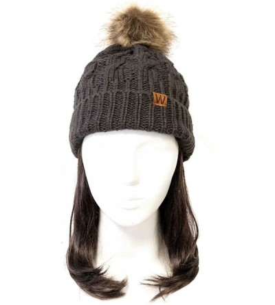 Skullies & Beanies Winter Warm Cable Knit Faux Fur Pom Pom Beanie - Adult Charcoal Gray - CL180G8S48O $13.65