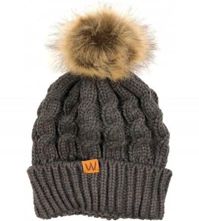 Skullies & Beanies Winter Warm Cable Knit Faux Fur Pom Pom Beanie - Adult Charcoal Gray - CL180G8S48O $13.65