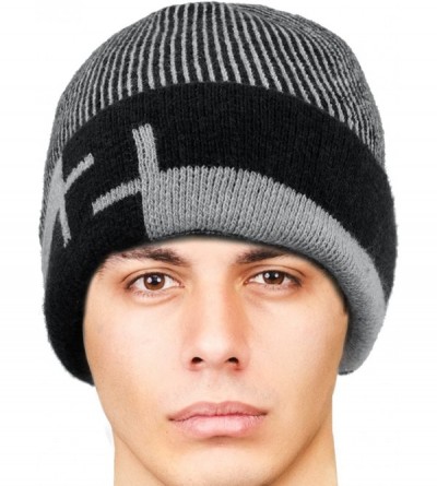 Skullies & Beanies Men's Wool Blend Knit Beanie- Soft & Warm Velour Fleece Lined - Striped - Black - CK1270EPP7D $20.01