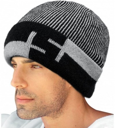 Skullies & Beanies Men's Wool Blend Knit Beanie- Soft & Warm Velour Fleece Lined - Striped - Black - CK1270EPP7D $20.01