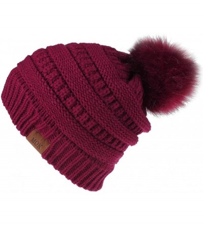 Skullies & Beanies Knit Winter Beanie - Cuff Wool Ribbed Hat - Fisherman Skull Knitted Stocking Cap - Wine - CN18YR8ATQU $12.86