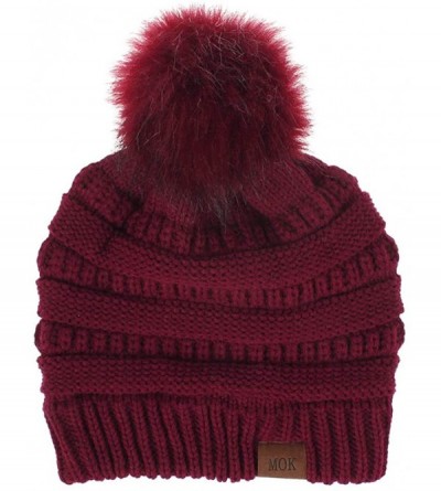 Skullies & Beanies Knit Winter Beanie - Cuff Wool Ribbed Hat - Fisherman Skull Knitted Stocking Cap - Wine - CN18YR8ATQU $12.86