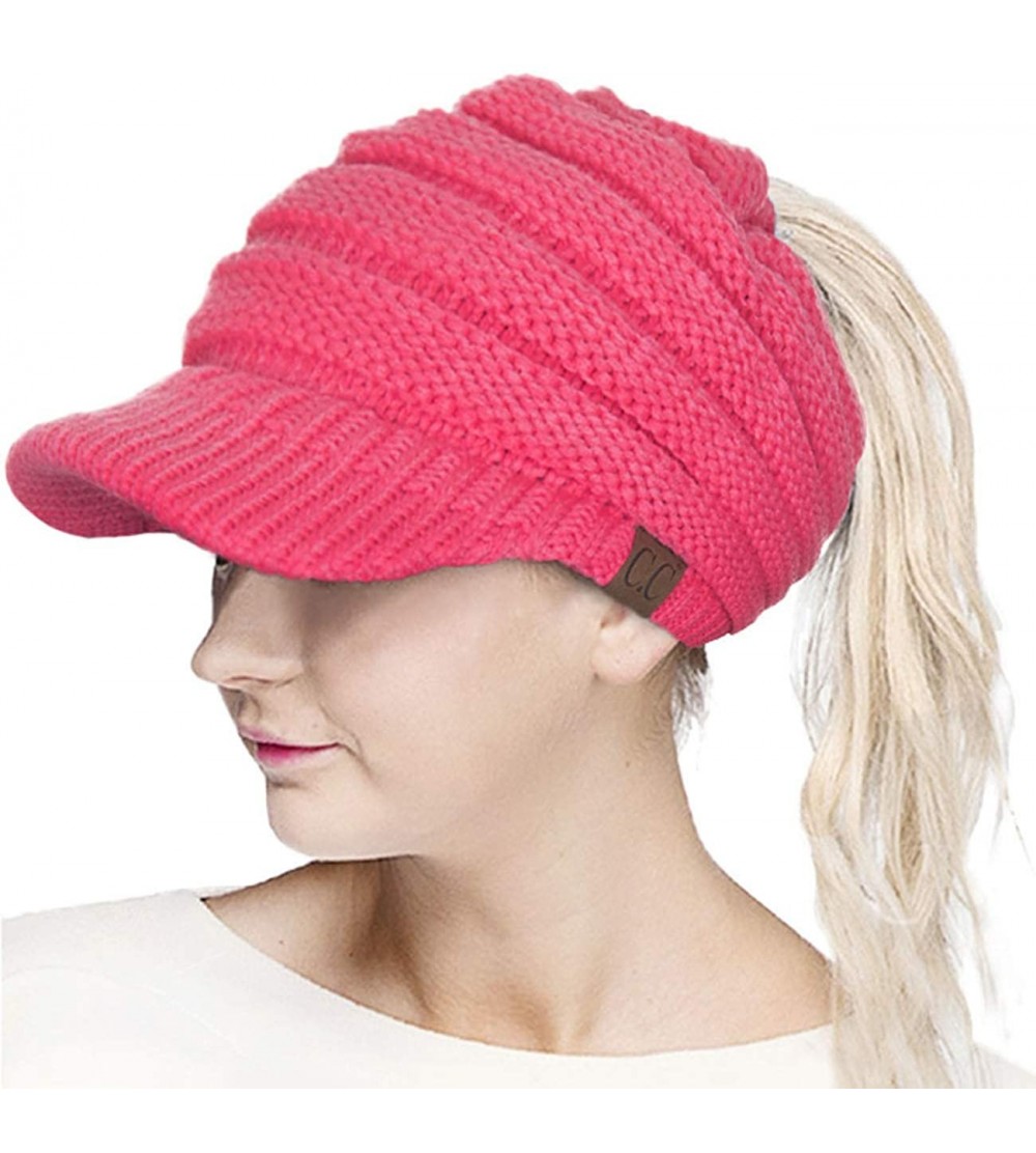 Skullies & Beanies Brim BeanieTail Ponytail Messy Bun Solid Ribbed Beanie Hat Sun Cap - New Candy Pink - C3180NDIQ0L $16.01