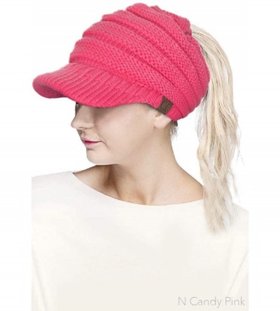 Skullies & Beanies Brim BeanieTail Ponytail Messy Bun Solid Ribbed Beanie Hat Sun Cap - New Candy Pink - C3180NDIQ0L $16.01