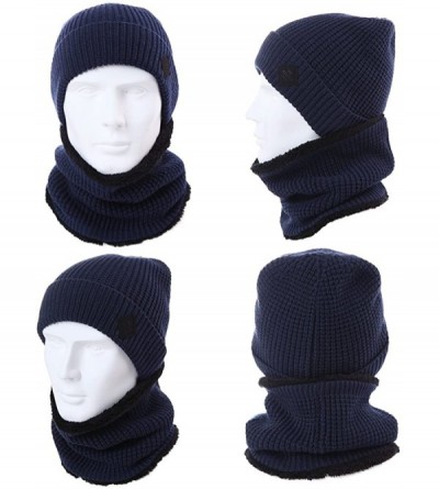 Skullies & Beanies 2 Piece Wool Knit Hat & Scarf Sets Fleece Lined Winter Beanie Neck Warmer - 89221a_navy - CJ186R6UYO3 $15.39