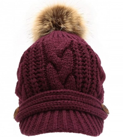 Skullies & Beanies Women's Chunky Winter Soft Cable Knitted Double Layer Visor Beanie Hat with Faux Fur Pom Pom - Plum - C118...