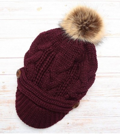 Skullies & Beanies Women's Chunky Winter Soft Cable Knitted Double Layer Visor Beanie Hat with Faux Fur Pom Pom - Plum - C118...