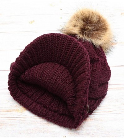 Skullies & Beanies Women's Chunky Winter Soft Cable Knitted Double Layer Visor Beanie Hat with Faux Fur Pom Pom - Plum - C118...