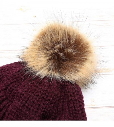 Skullies & Beanies Women's Chunky Winter Soft Cable Knitted Double Layer Visor Beanie Hat with Faux Fur Pom Pom - Plum - C118...