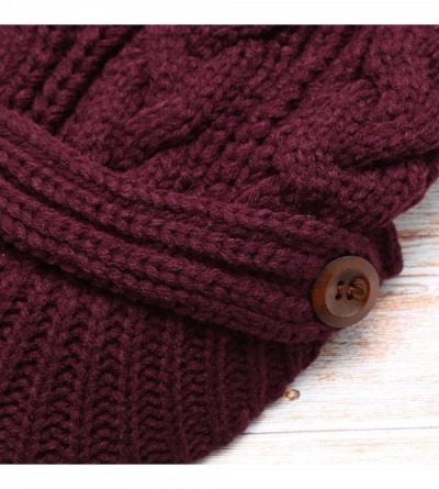 Skullies & Beanies Women's Chunky Winter Soft Cable Knitted Double Layer Visor Beanie Hat with Faux Fur Pom Pom - Plum - C118...