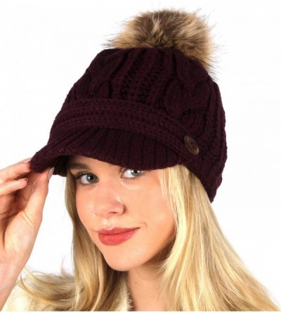 Skullies & Beanies Women's Chunky Winter Soft Cable Knitted Double Layer Visor Beanie Hat with Faux Fur Pom Pom - Plum - C118...