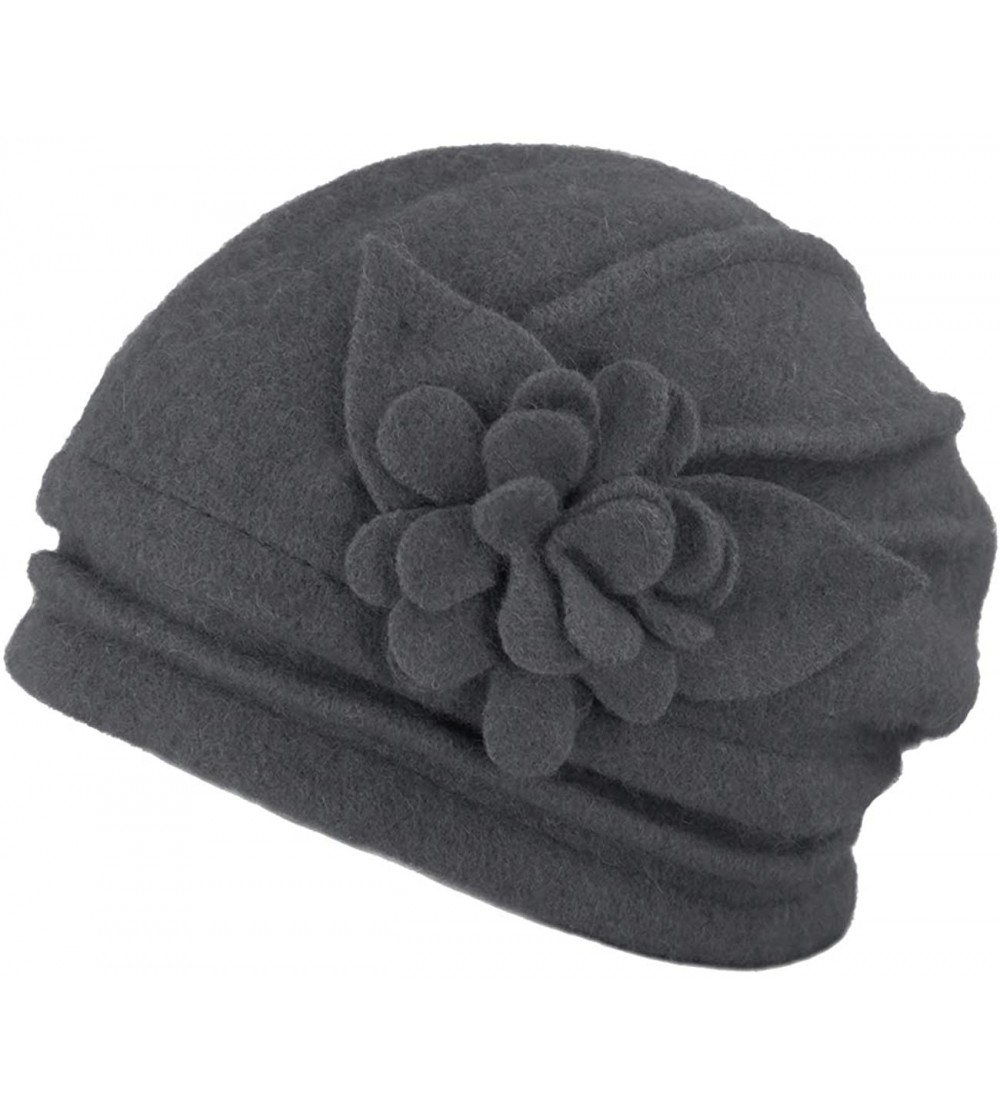 Bucket Hats Women's Elegant Flower Wool Cloche Bucket Slouch Hat - Gray - CG18KRE99NZ $25.11