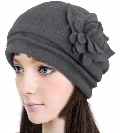 Bucket Hats Women's Elegant Flower Wool Cloche Bucket Slouch Hat - Gray - CG18KRE99NZ $25.11