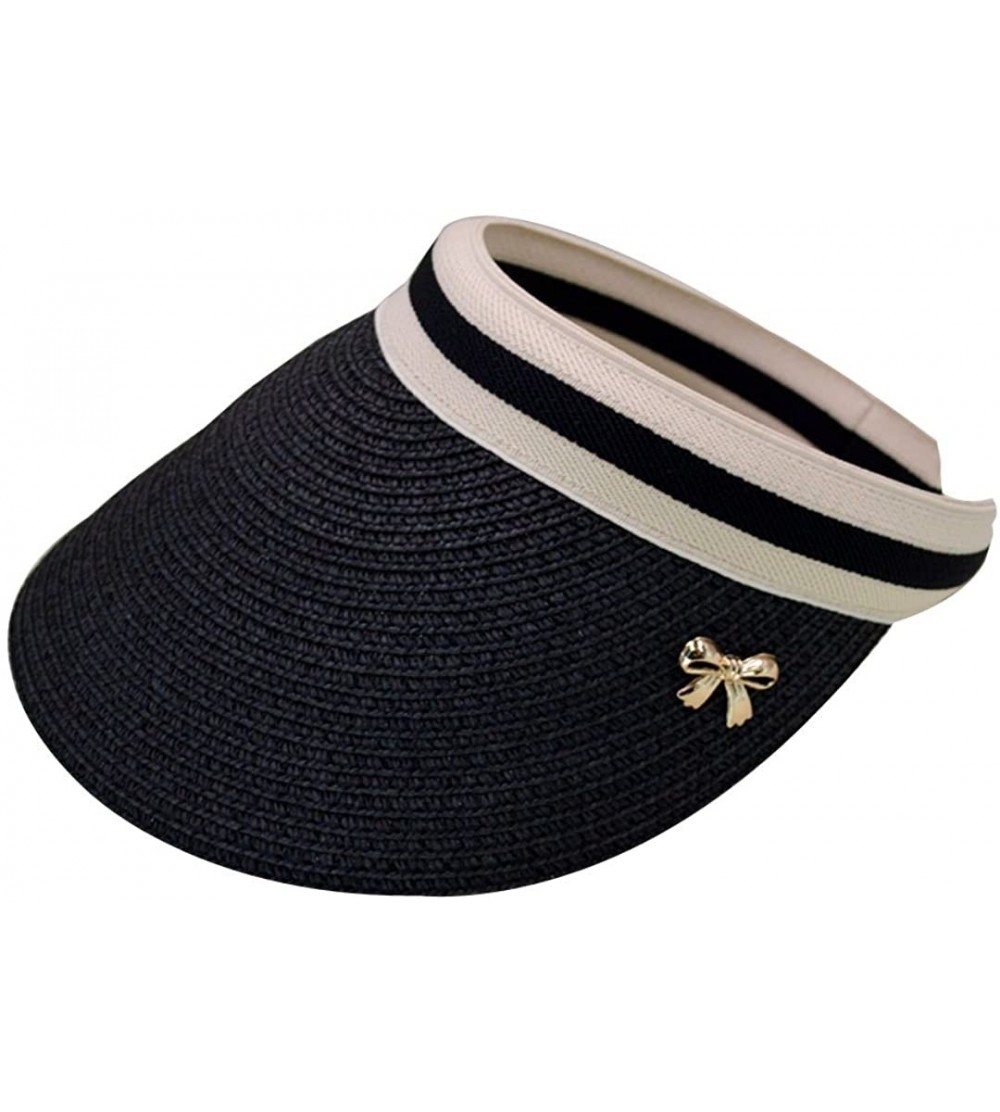 Visors Women's Wide Brim Roll-Up Visor Hat Outdoor Beach Clip-on Straw Hat Travel Sun Cap - Black - CU18DAXWYHU $19.05