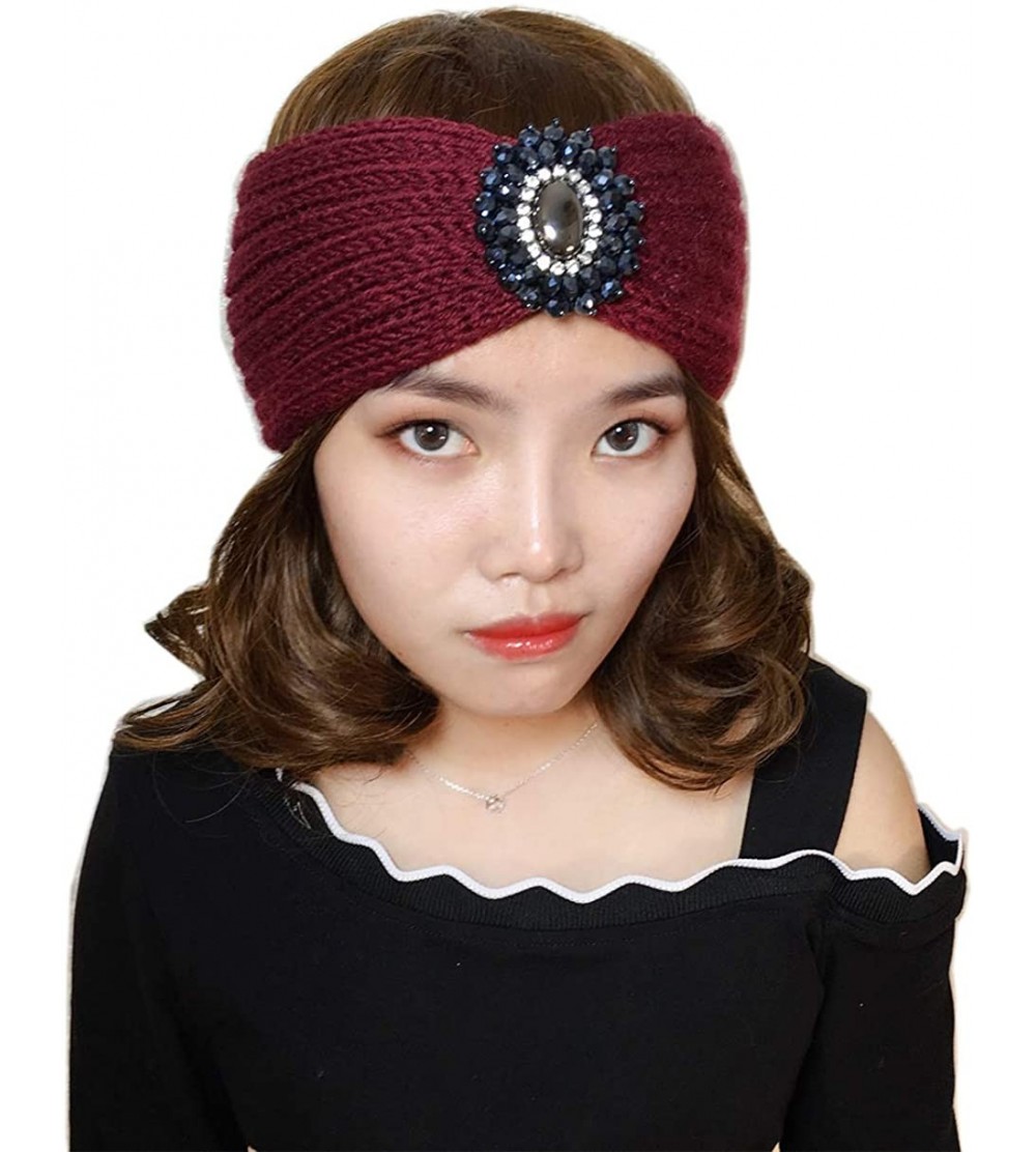 Headbands Retro Bohemian Beads Cable Knitted Winter Turban Ear Warmer Headband - Wine Red - C4189N3C5A9 $12.06