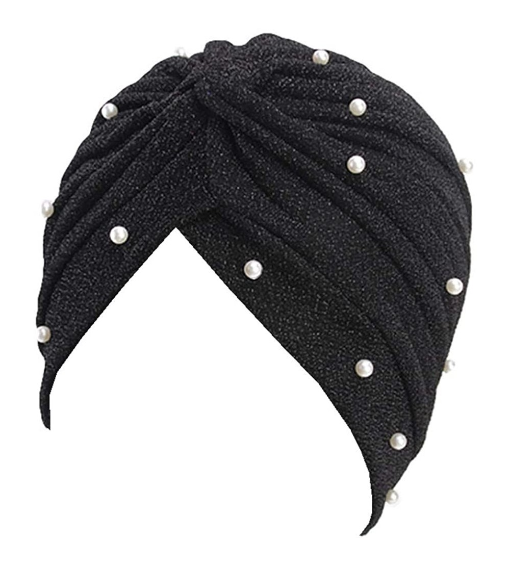 Skullies & Beanies Luxury Stretchable Glitter Flower Chemo Beanie Hair Loss Turban - Black002 - C718EQK9KAR $7.22