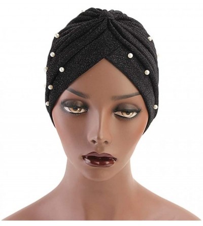 Skullies & Beanies Luxury Stretchable Glitter Flower Chemo Beanie Hair Loss Turban - Black002 - C718EQK9KAR $7.22