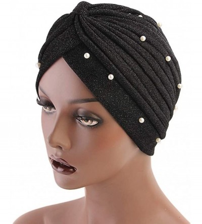 Skullies & Beanies Luxury Stretchable Glitter Flower Chemo Beanie Hair Loss Turban - Black002 - C718EQK9KAR $7.22