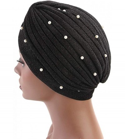 Skullies & Beanies Luxury Stretchable Glitter Flower Chemo Beanie Hair Loss Turban - Black002 - C718EQK9KAR $7.22