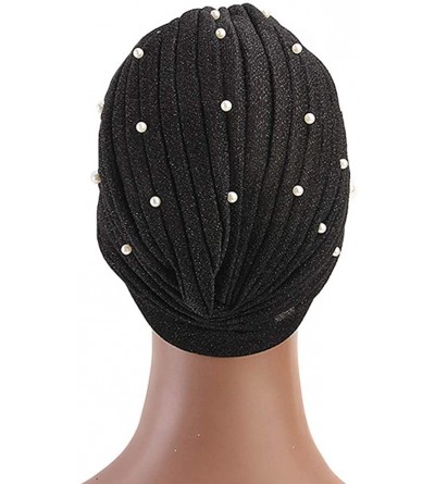 Skullies & Beanies Luxury Stretchable Glitter Flower Chemo Beanie Hair Loss Turban - Black002 - C718EQK9KAR $7.22