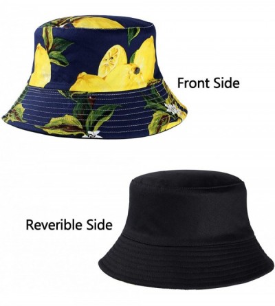 Bucket Hats Cute Bucket Hat Unisex Fruit Print Reversible Packable Cap Summer Fisherman Sun Hat - Lemon - Dark Blue - C2196IH...