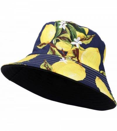 Bucket Hats Cute Bucket Hat Unisex Fruit Print Reversible Packable Cap Summer Fisherman Sun Hat - Lemon - Dark Blue - C2196IH...