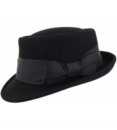 Fedoras Black Porkpie Wool Fedora Hat with Satin Trim - CE18IOOYN2Z $25.53