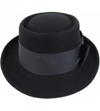 Fedoras Black Porkpie Wool Fedora Hat with Satin Trim - CE18IOOYN2Z $25.53