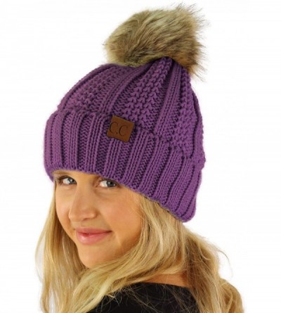 Skullies & Beanies Winter Sherpa Fleeced Lined Chunky Knit Stretch Pom Pom Beanie Hat Cap - Solid Violet - CF18K2QL6OA $16.90